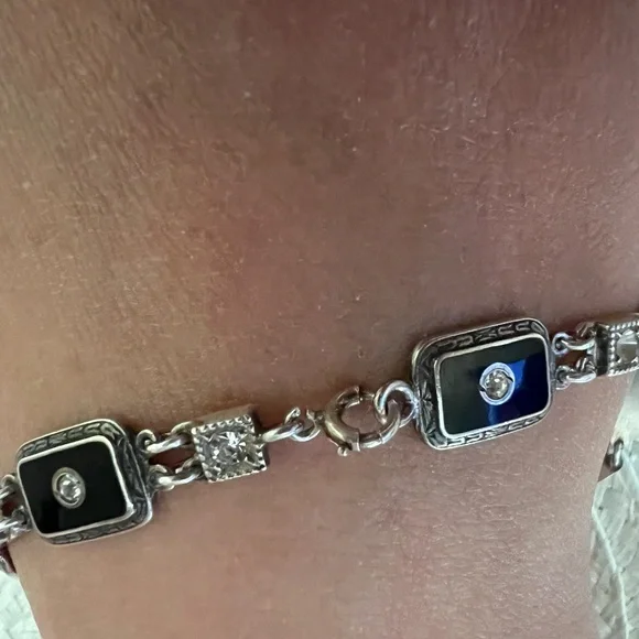 Antique Art Deco Black Onyx Clear Diamond Paste Sterling Silver Link Bracelet - Picture 4 of 8